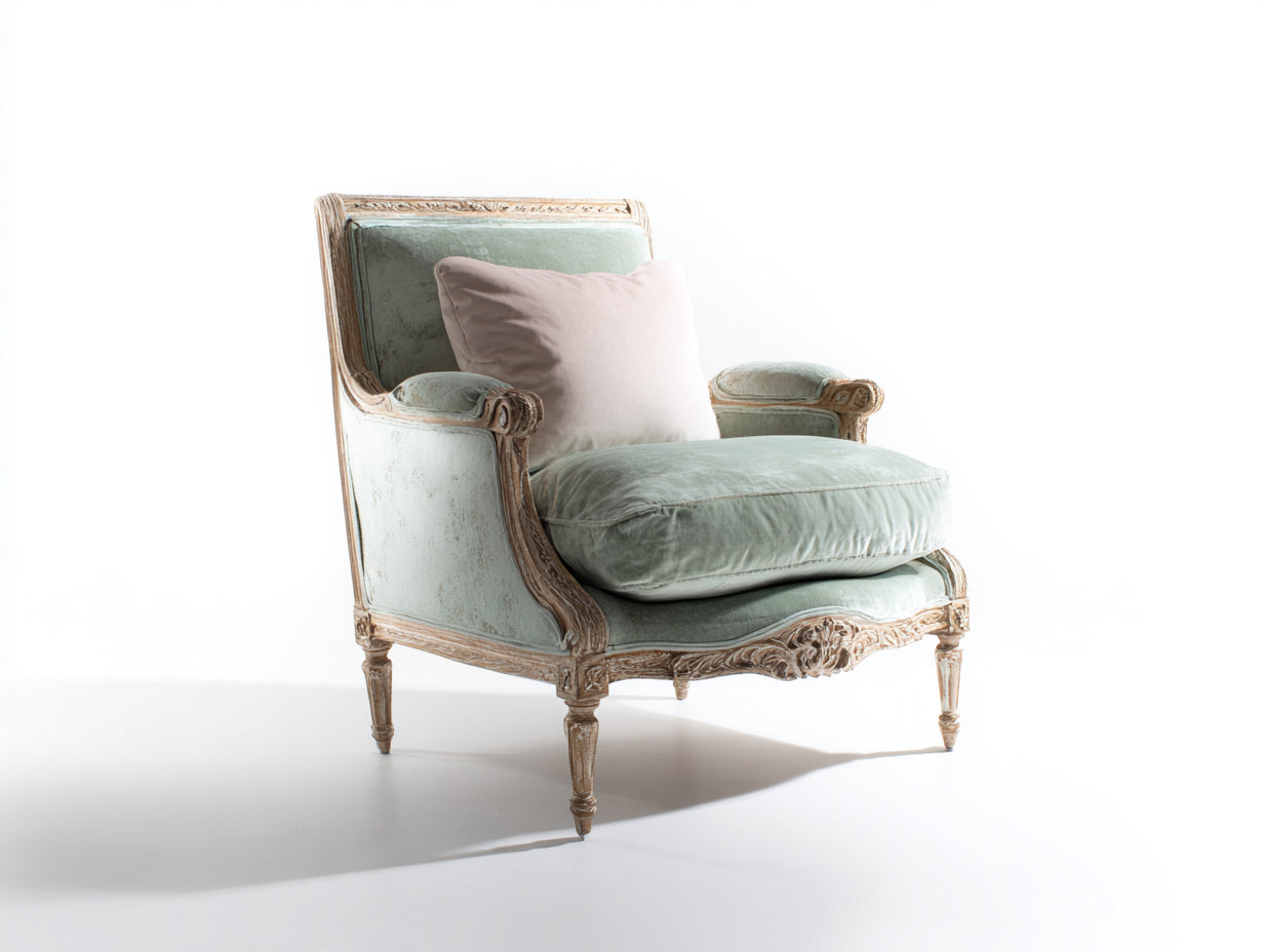 Fauteuil - bois-velours - 84x82x93 cm - vert clair-beige - style classique